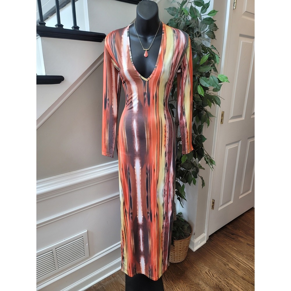 Maxi Dress Women's Size Large Multicolor Polyester Tie & Dye Long Sleeves